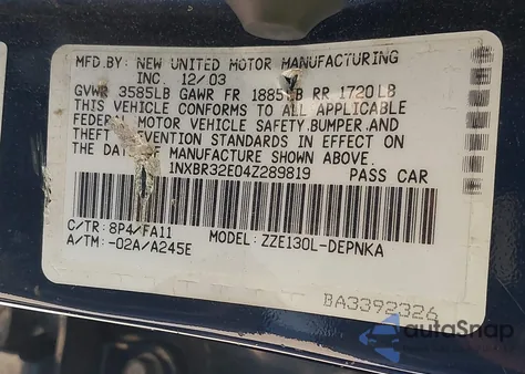 2005 Toyota Corolla Le from USA, damaged, VIN 2T1BR32E15C323401